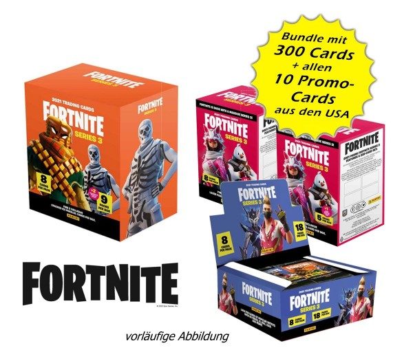Fortnite Series 3 Trading Cards - Promo Bundle mit 1 Megabox, 2 Blasterboxen, 1 Hobbybox und allen 10 Promo Cards aus den USA