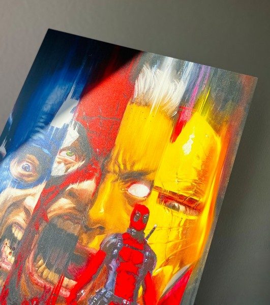 Wandbild mit Deadpool Motiv auf Alu-Dibond-Platte