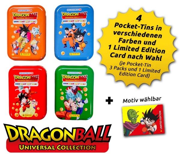 Dragon Ball Universal Trading Cards - Tin-Bundle mit allen 4 Farbvarianten