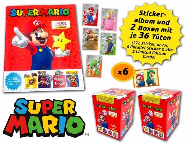 Panini Super Mario - Play Time Stickerkollektion - Nintendo Bundle mit 2 Boxen, allen Limited Edition Cards und 6 Parallel Stickern